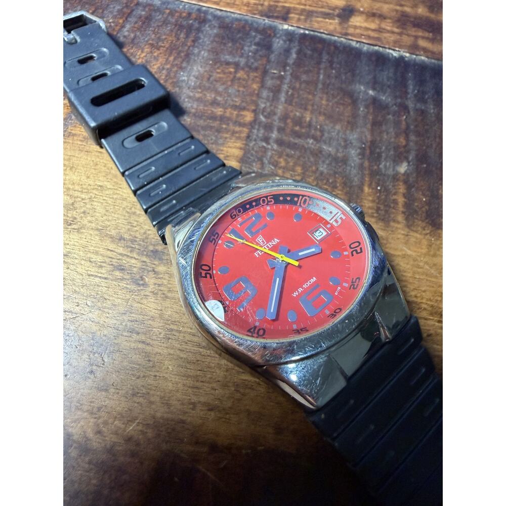 Festina Diver Style Watch Red Dial Blue Indices Black Rubber Strap 100M WR